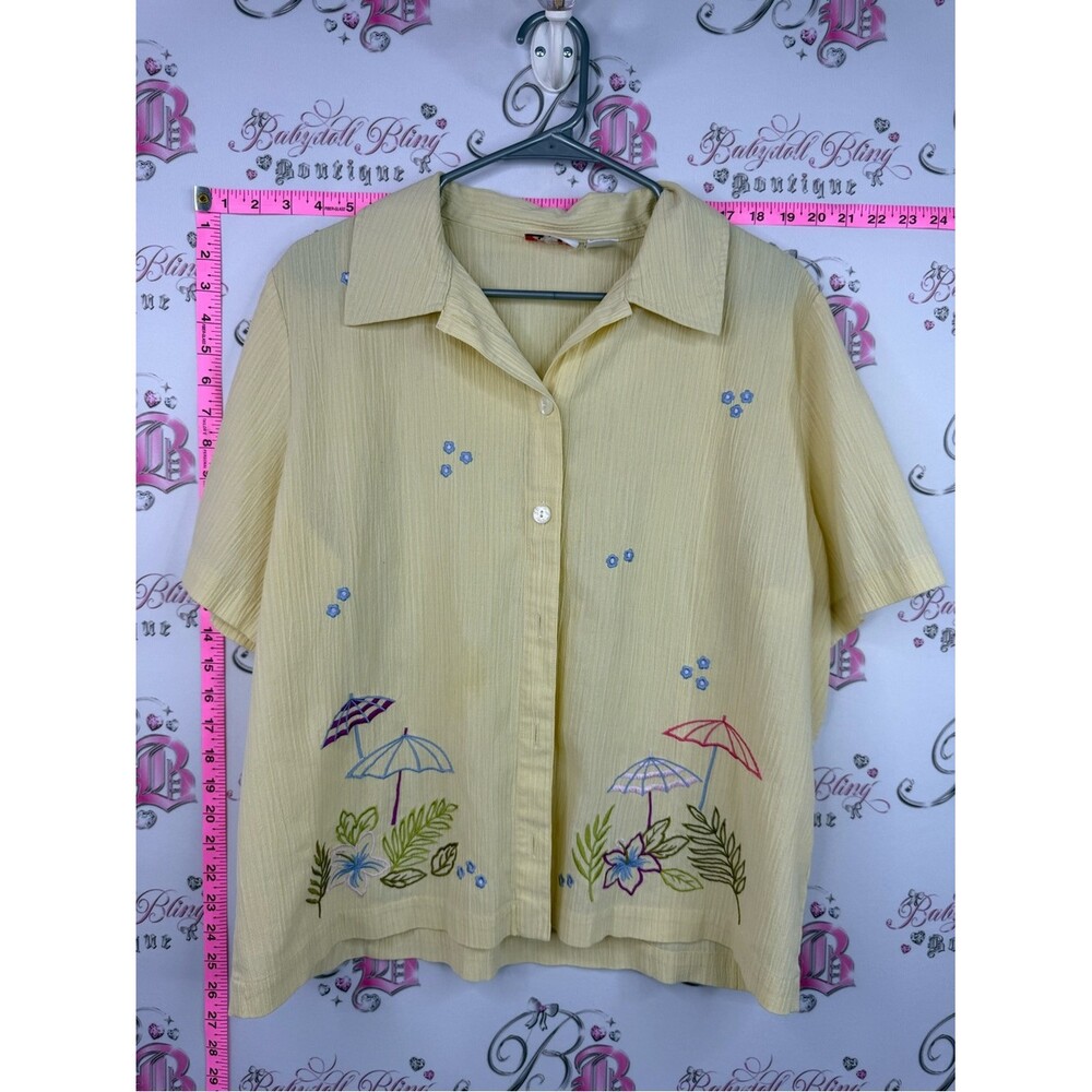 Alia T-shirt button up Yellow Button-Up Top with Floral & Umbrella Embroidery